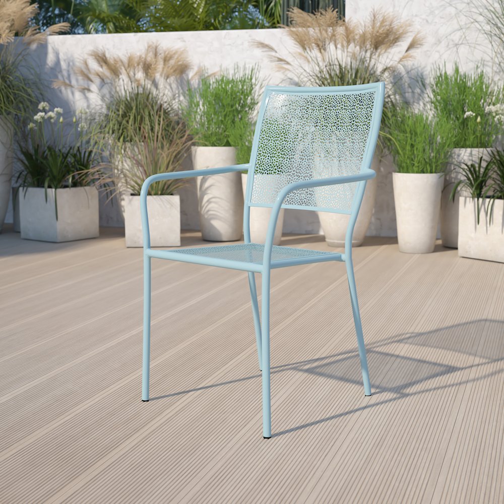 Sky Blue Indoor-Outdoor Steel Patio Arm Chair with Square Back