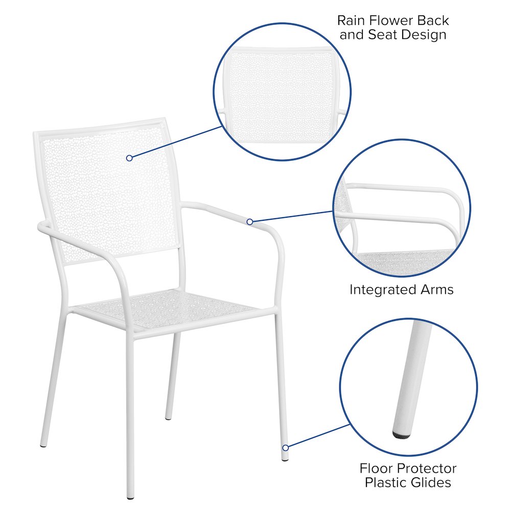 Commercial Grade White Indoor-Outdoor Steel Patio Arm Chair with Square Back