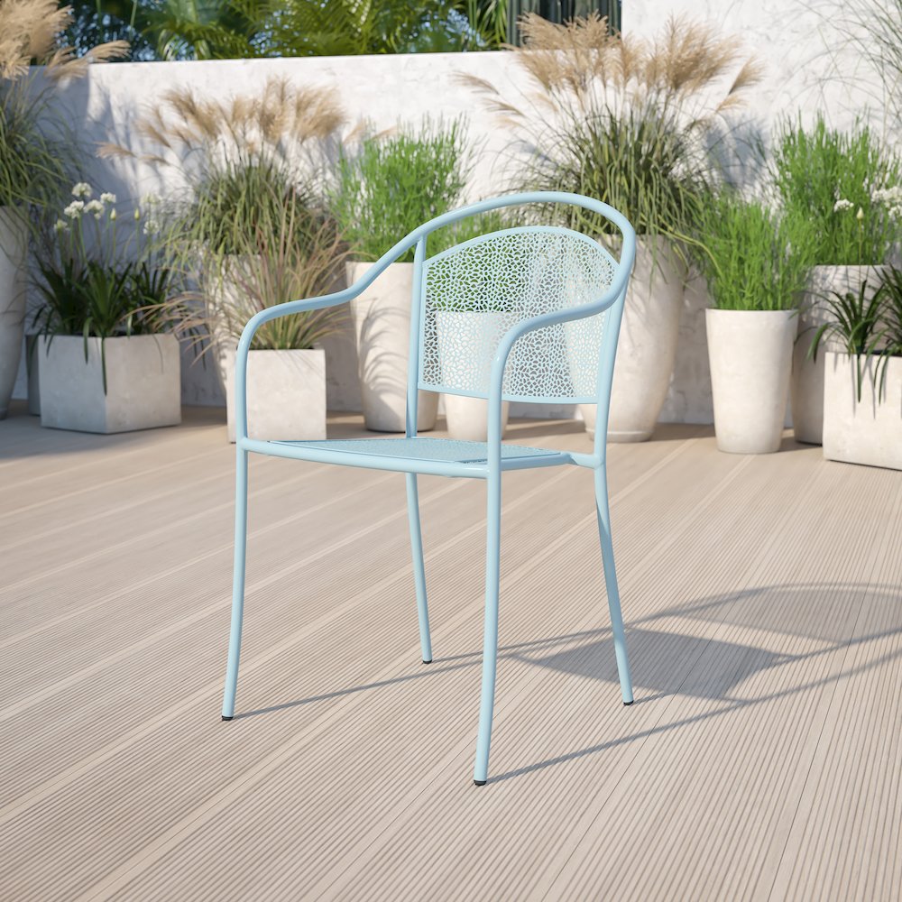 Sky Blue Indoor-Outdoor Steel Patio Arm Chair with Round Back