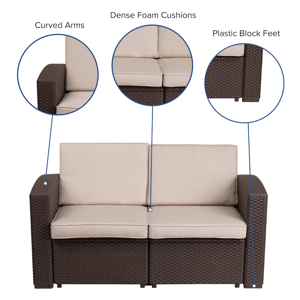 Chocolate Brown Faux Rattan Loveseat with All-Weather Beige Cushions