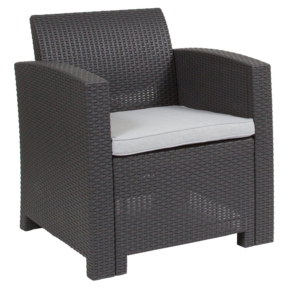 Dark Gray Faux Rattan Chair with All-Weather Seneca Light Gray Cushion
