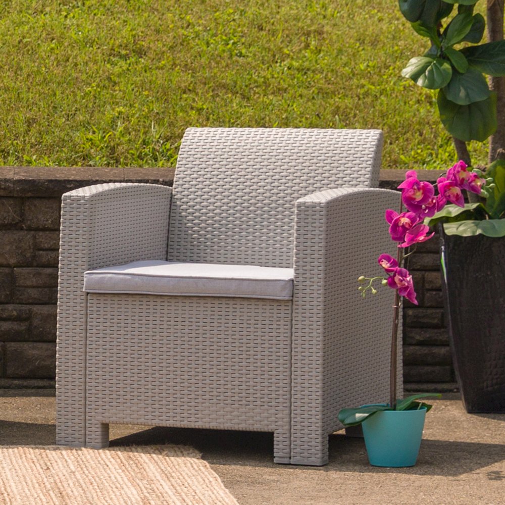 Light Gray Faux Rattan Chair with All-Weather Seneca Light Gray Cushion