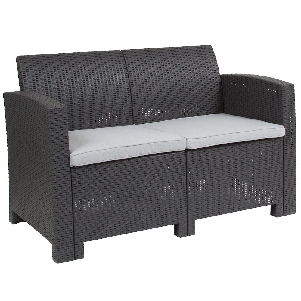 Dark Gray Faux Rattan Loveseat with All-Weather Seneca Light Gray Cushions