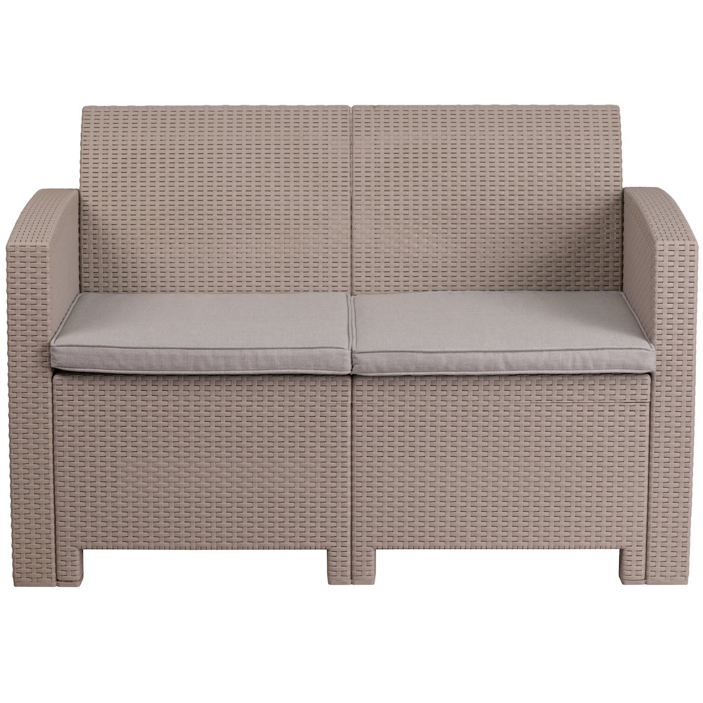 Light Gray Faux Rattan Loveseat with All-Weather Seneca Light Gray Cushions