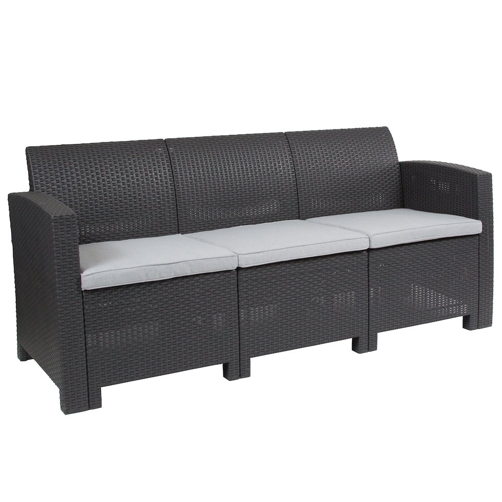 Dark Gray Faux Rattan Sofa with All-Weather Seneca Light Gray Cushions