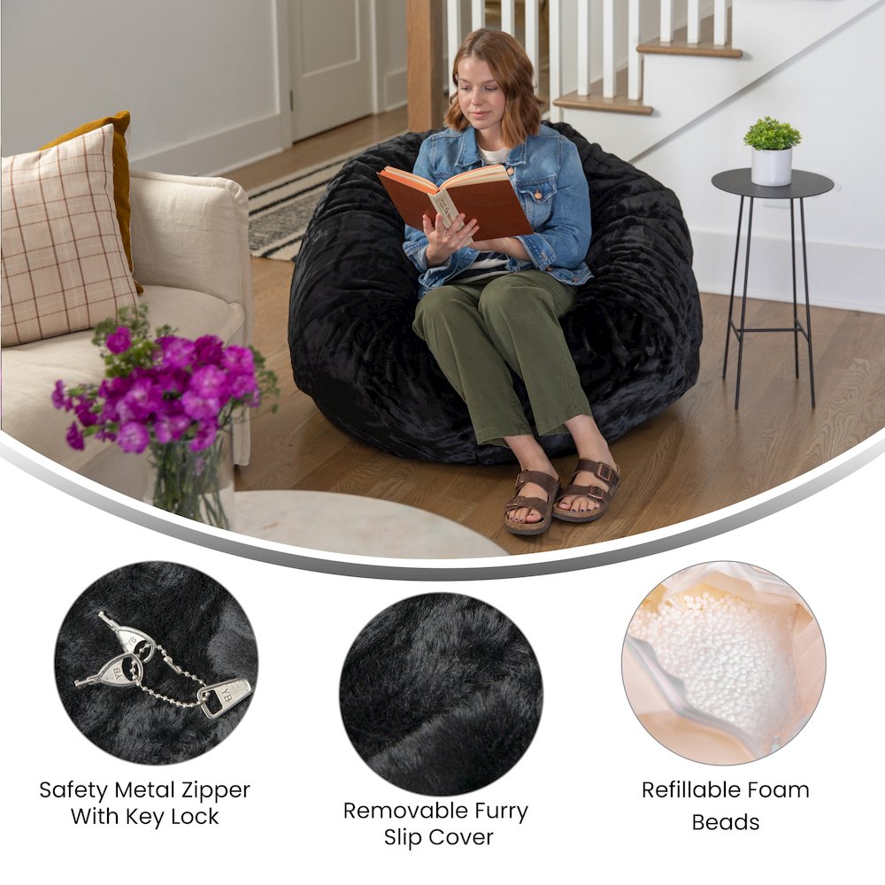 Duncan Oversized Black Furry Refillable Bean Bag Chair for All Ages