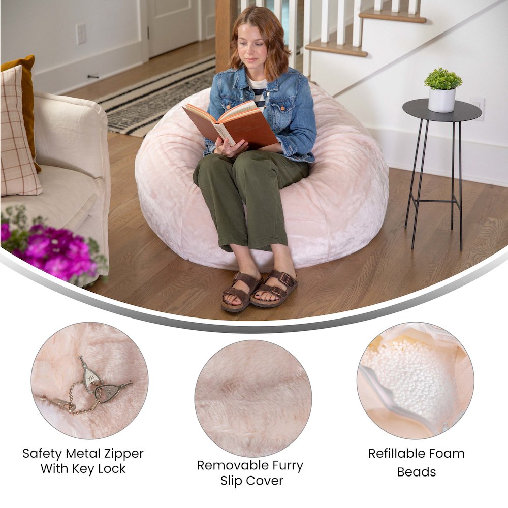 Duncan Oversized Blush Furry Refillable Bean Bag Chair for All Ages