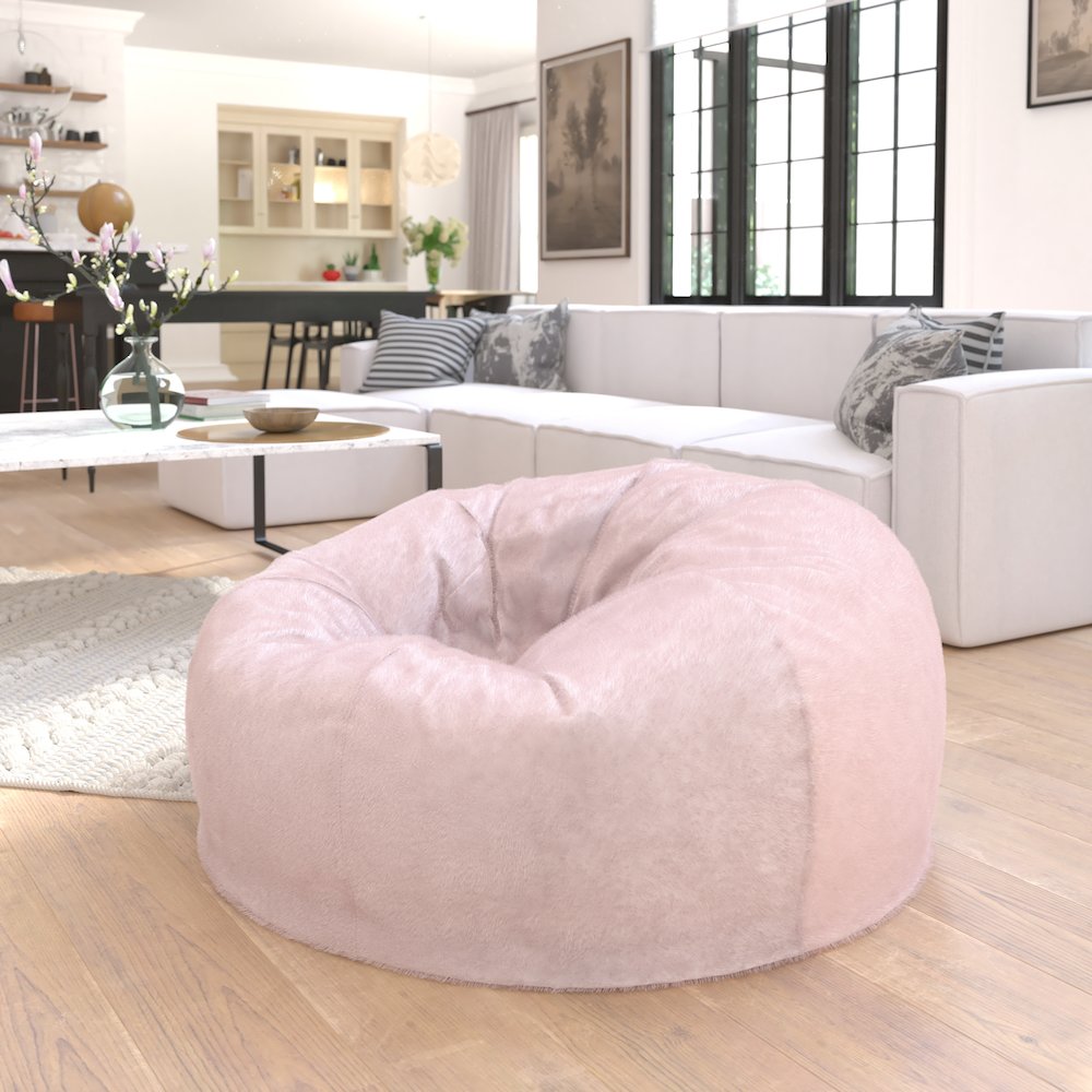 Duncan Oversized Blush Furry Refillable Bean Bag Chair for All Ages