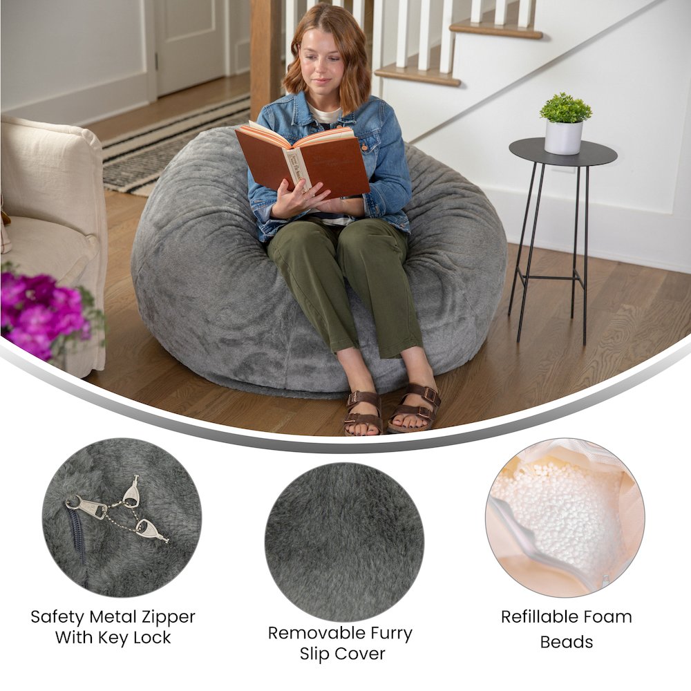 Duncan Oversized Gray Furry Refillable Bean Bag Chair for All Ages
