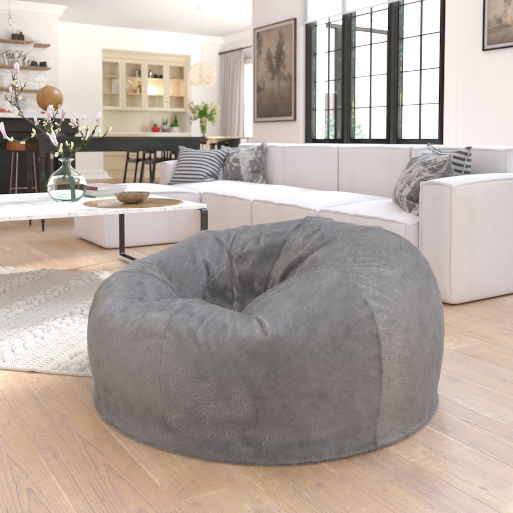 Duncan Oversized Gray Furry Refillable Bean Bag Chair for All Ages