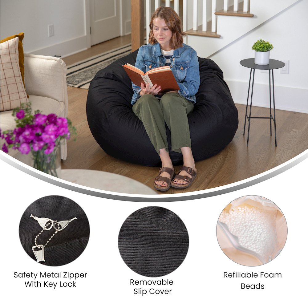 Duncan Oversized Solid Black Refillable Bean Bag Chair for All Ages