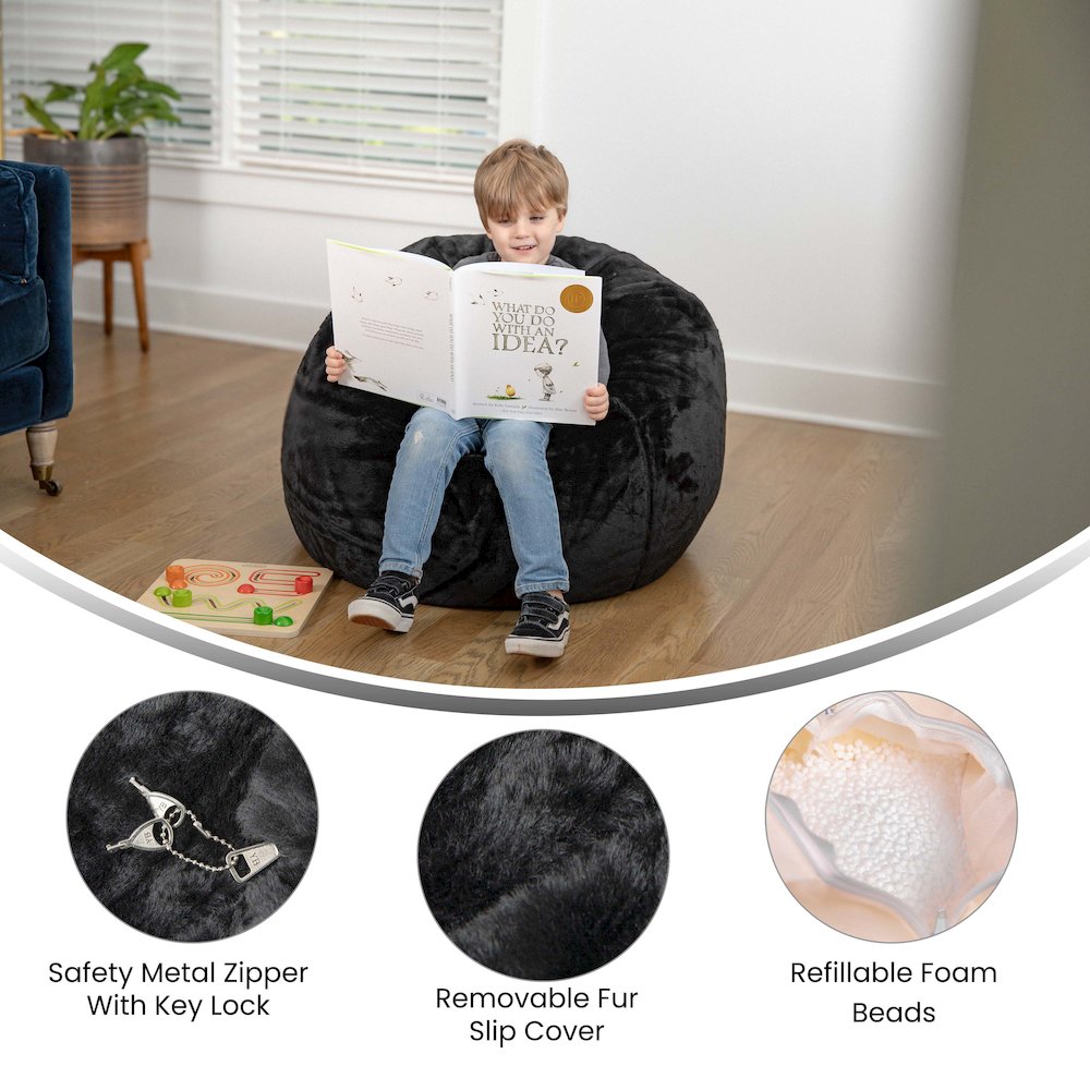 Dillon Small Black Furry Refillable Bean Bag Chair for Kids and Teens