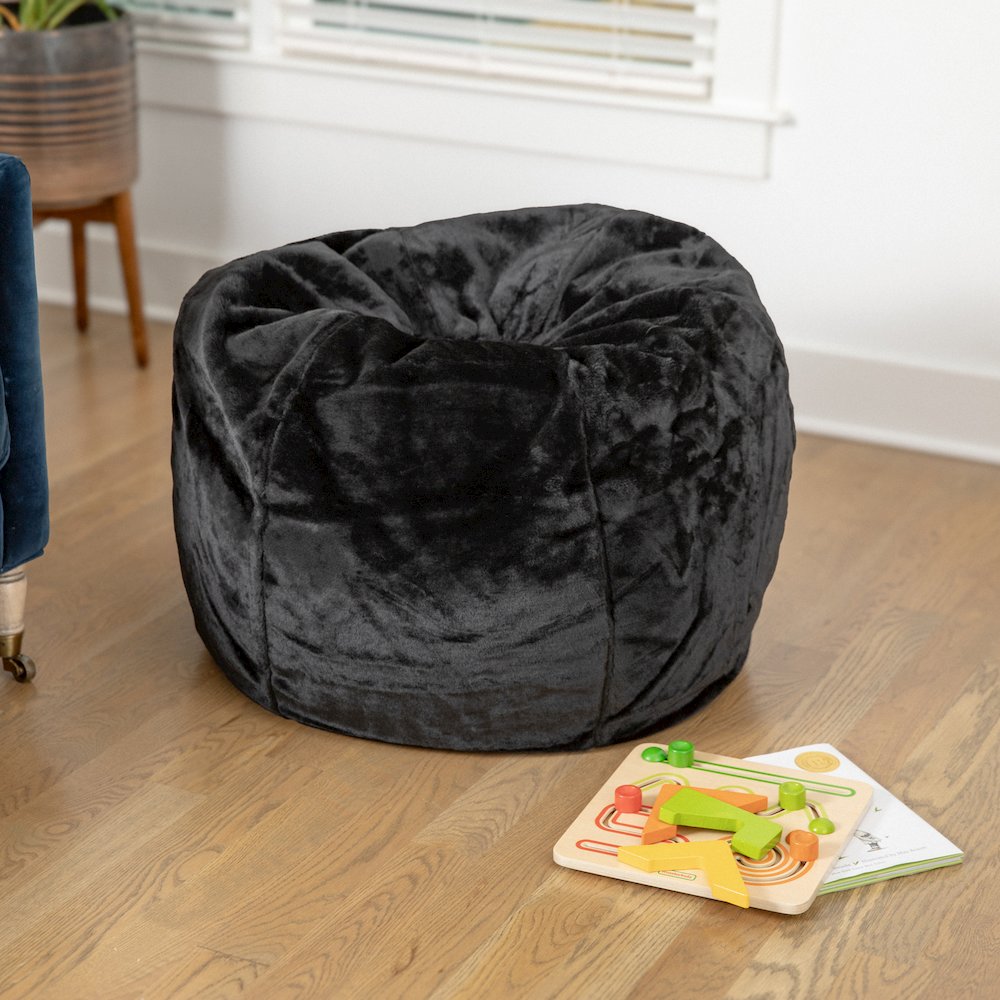 Dillon Small Black Furry Refillable Bean Bag Chair for Kids and Teens