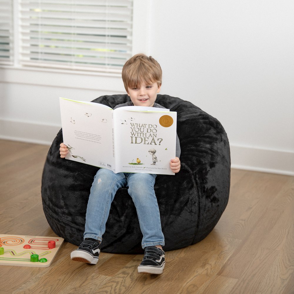 Dillon Small Black Furry Refillable Bean Bag Chair for Kids and Teens
