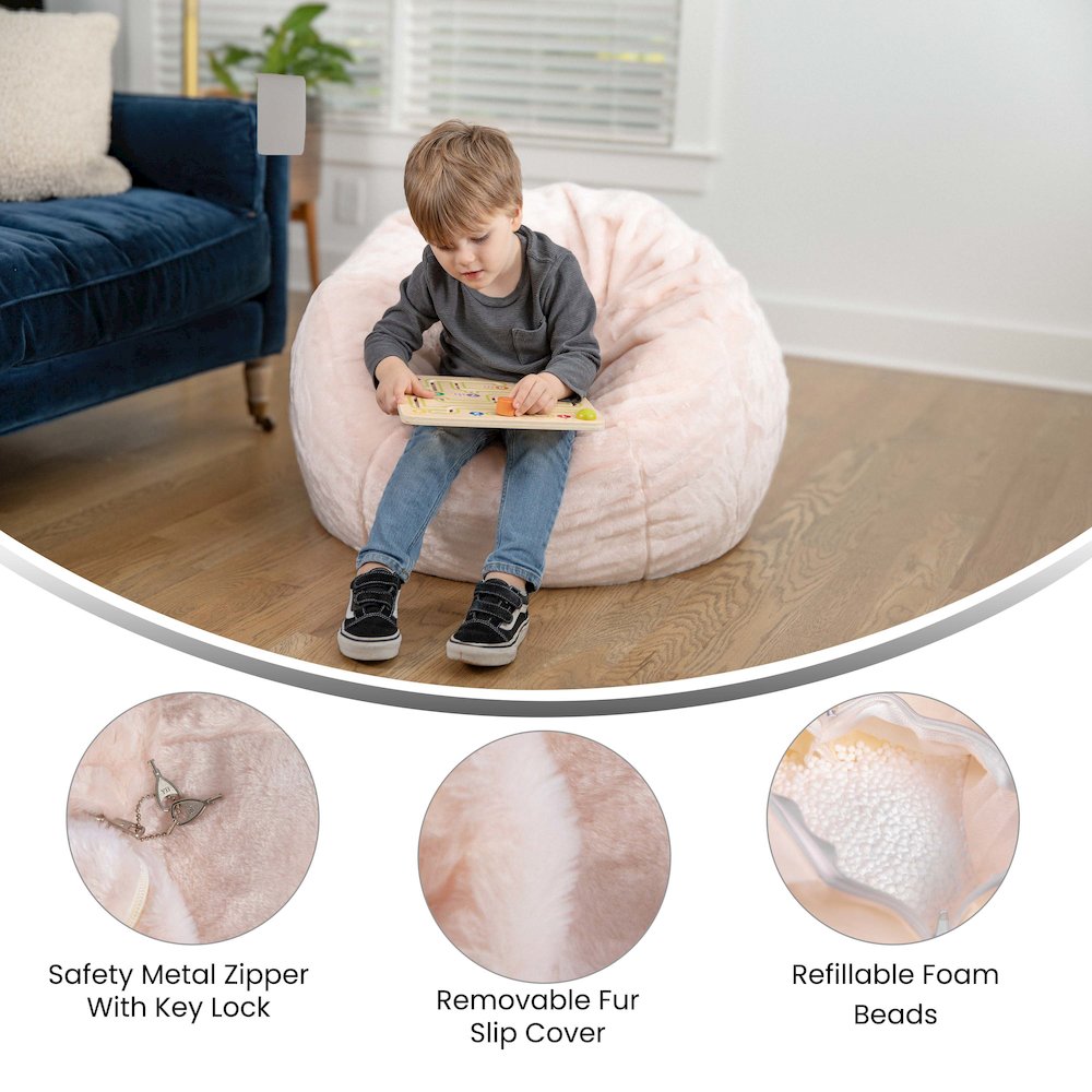 Dillon Small Blush Furry Refillable Bean Bag Chair for Kids and Teens