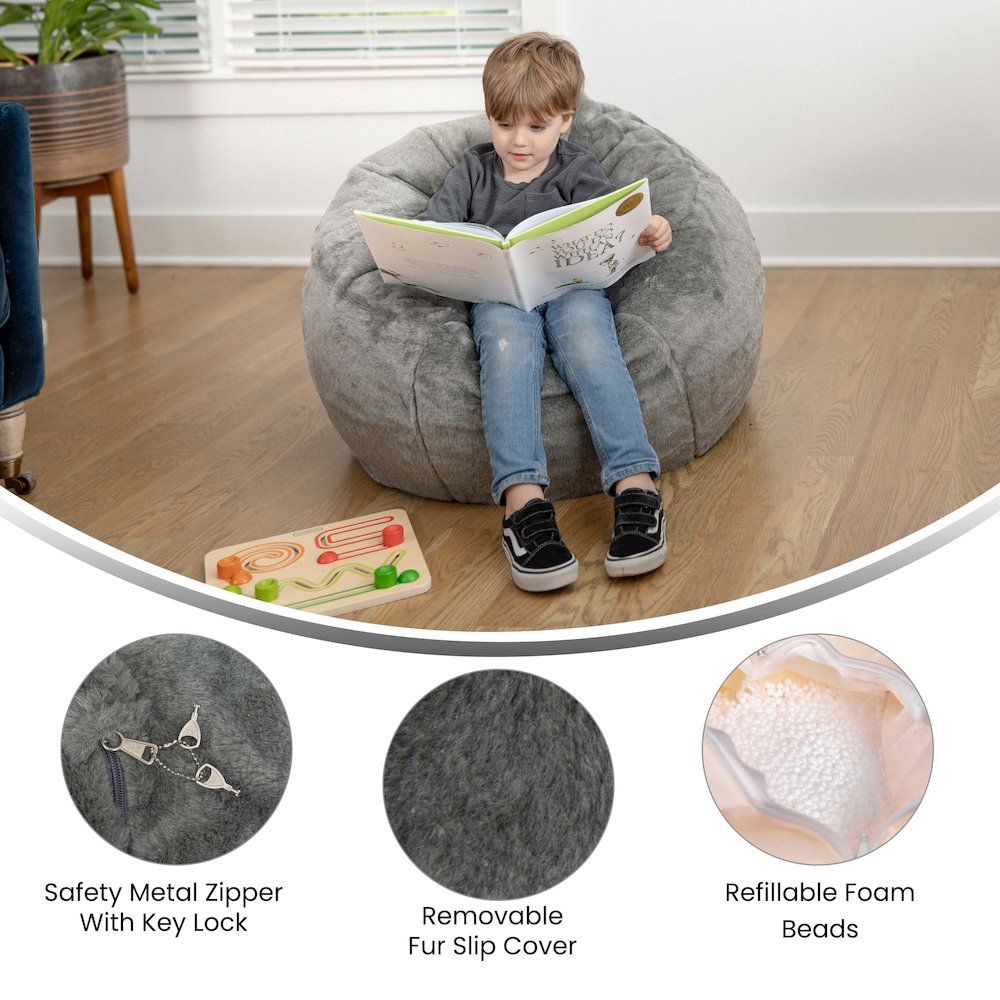 Dillon Small Gray Furry Refillable Bean Bag Chair for Kids and Teens