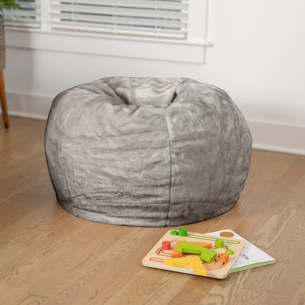 Dillon Small Gray Furry Refillable Bean Bag Chair for Kids and Teens