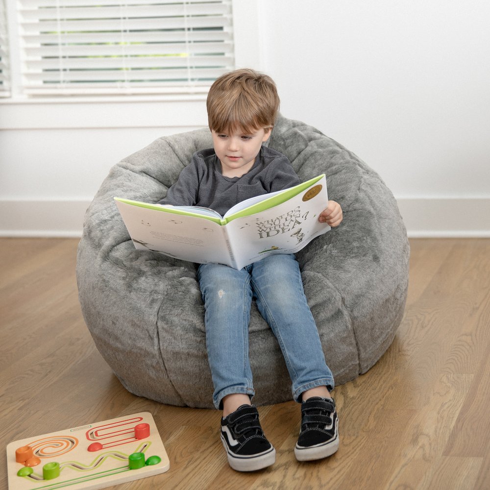 Dillon Small Gray Furry Refillable Bean Bag Chair for Kids and Teens
