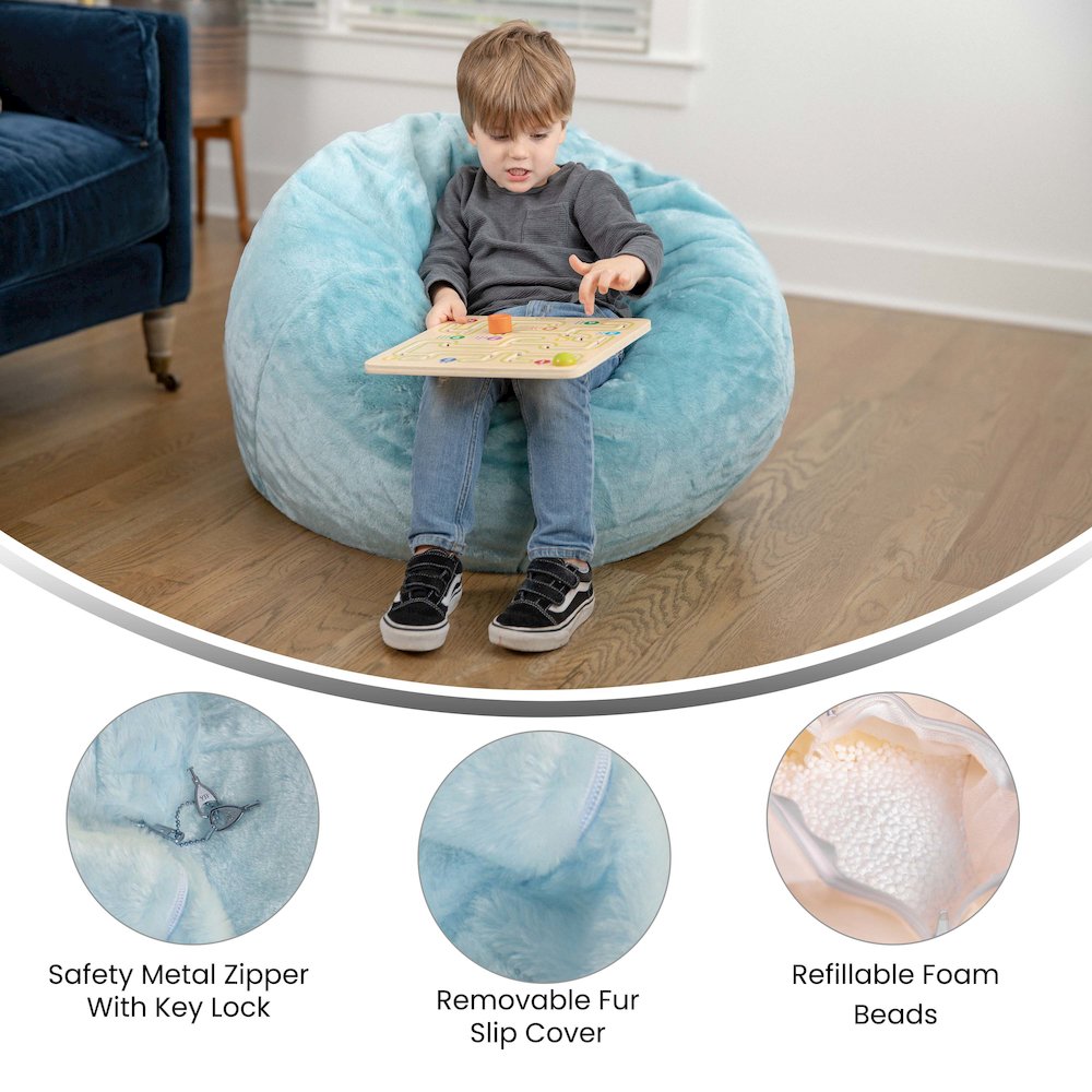 Dillon Small Teal Furry Refillable Bean Bag Chair for Kids and Teens