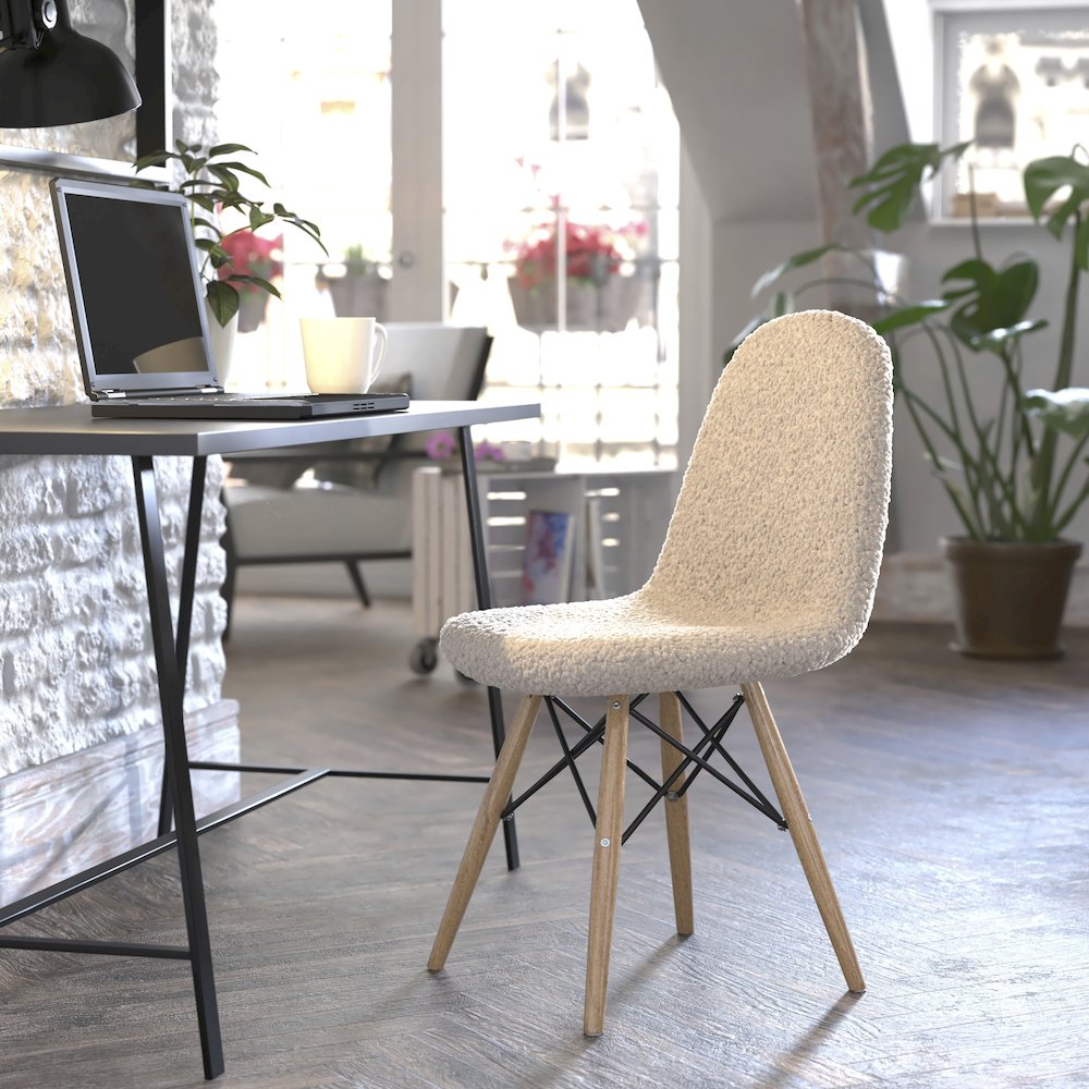 Padded Armless Faux Shearling Accent Chair with Beechwood Legs in Off-White