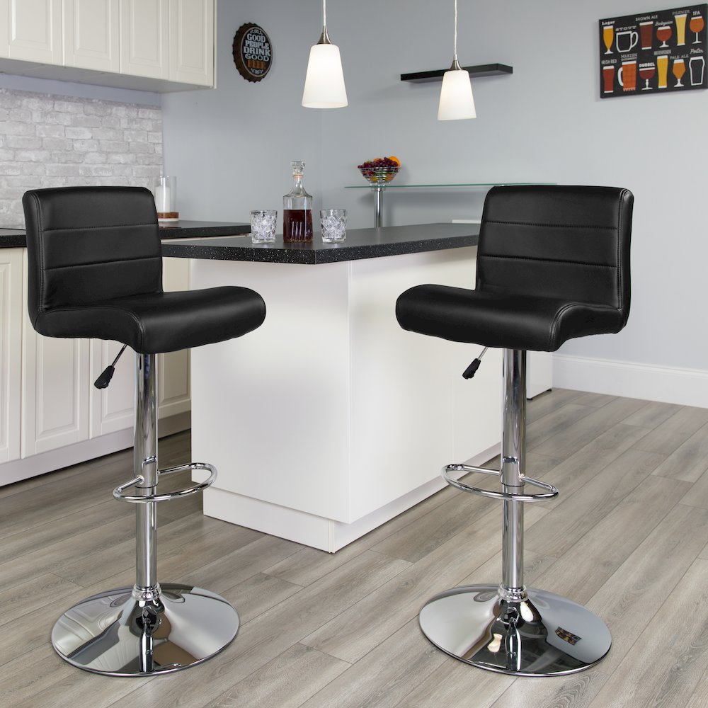 Black Vinyl Adjustable Height Barstool with Rolled Seat and Chrome Base