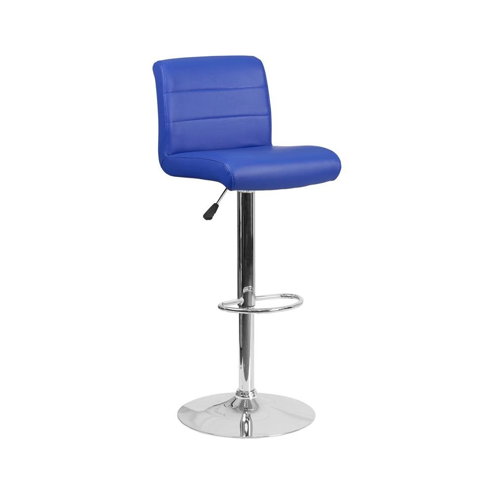 Blue Vinyl Adjustable Height Barstool with Rolled Seat and Chrome Base
