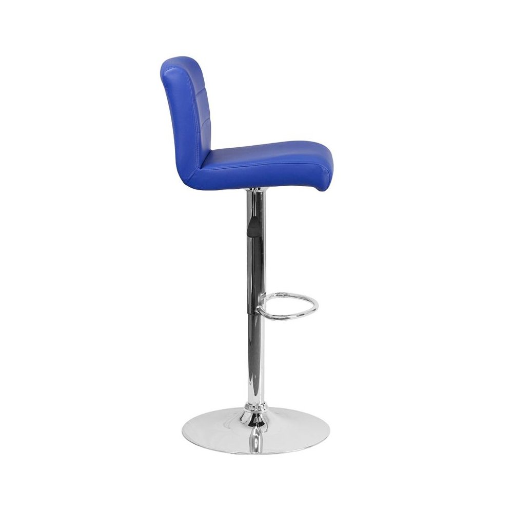 Blue Vinyl Adjustable Height Barstool with Rolled Seat and Chrome Base