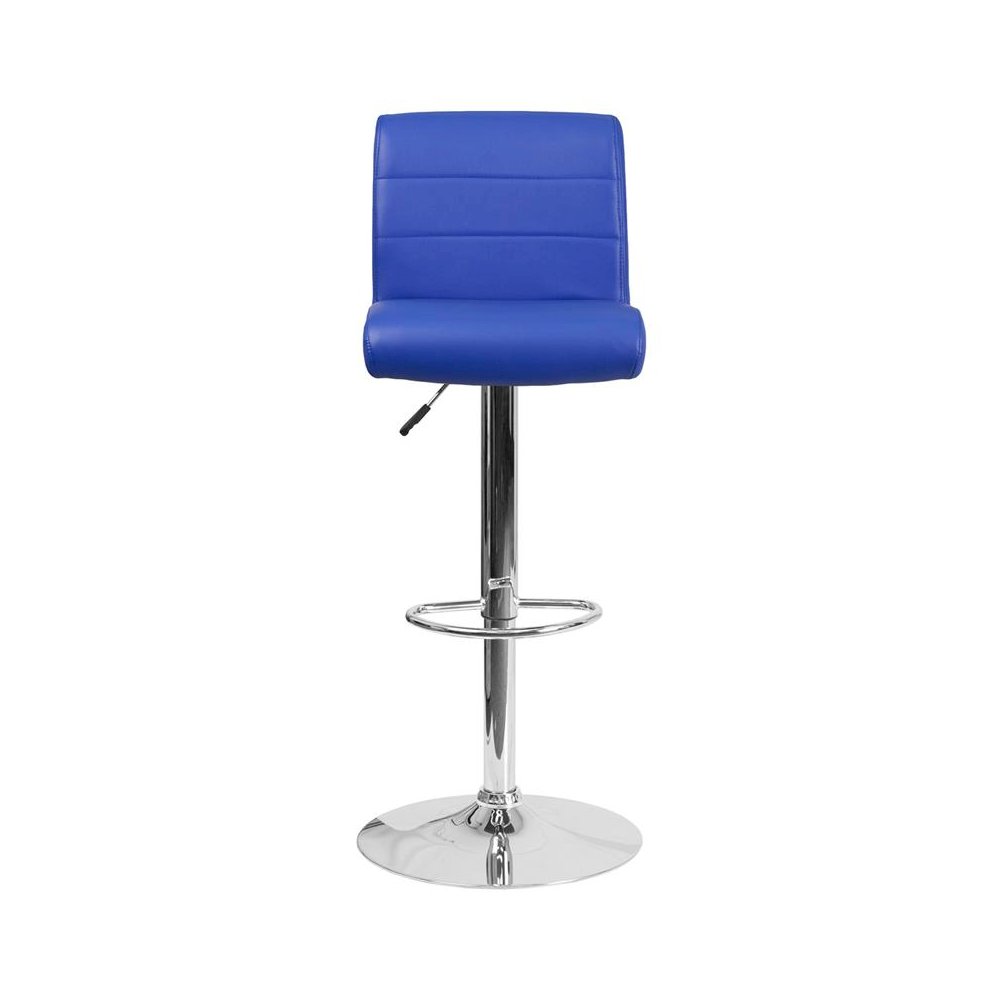 Blue Vinyl Adjustable Height Barstool with Rolled Seat and Chrome Base