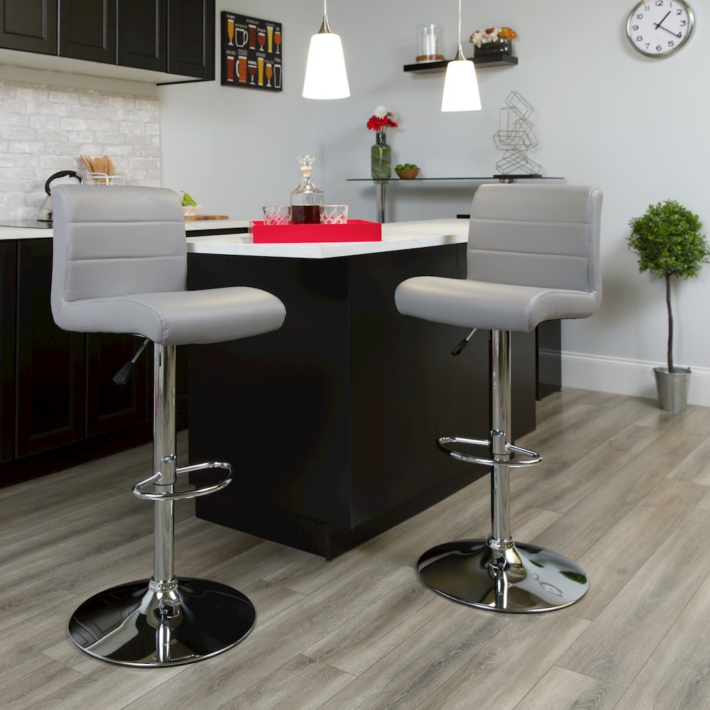 Gray Vinyl Adjustable Height Barstool with Rolled Seat and Chrome Base