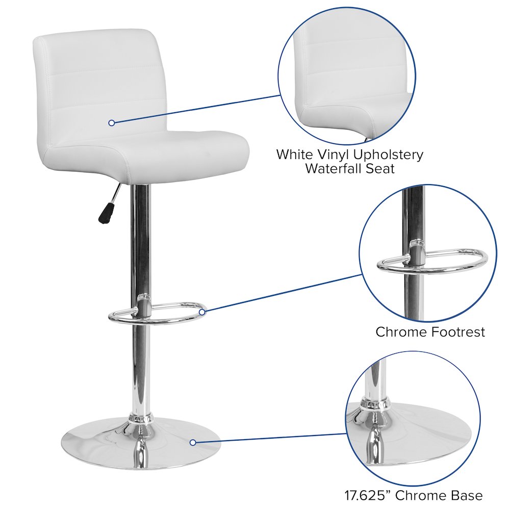 White Vinyl Adjustable Height Barstool with Rolled Seat and Chrome Base