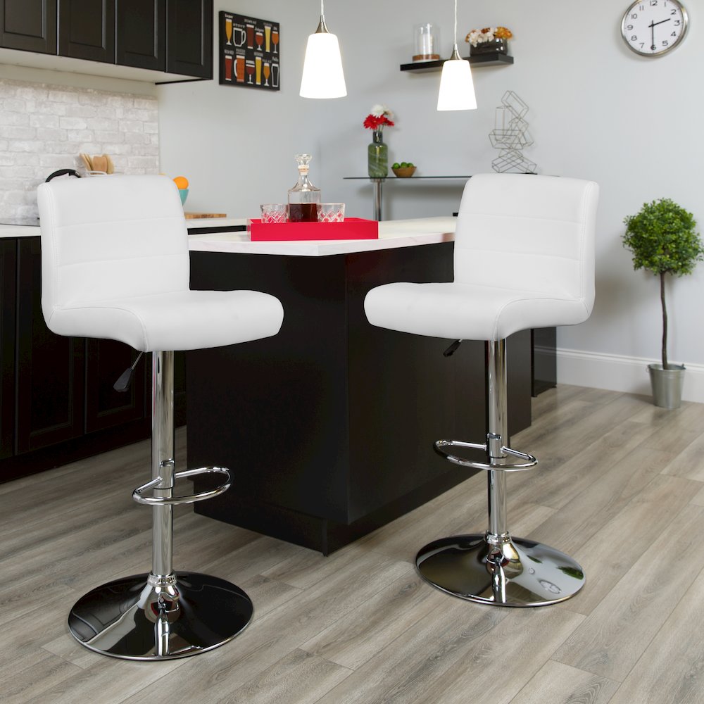 White Vinyl Adjustable Height Barstool with Rolled Seat and Chrome Base