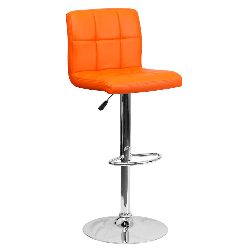 Contemporary Orange Quilted Vinyl Adjustable Height Barstool with Chrome Base