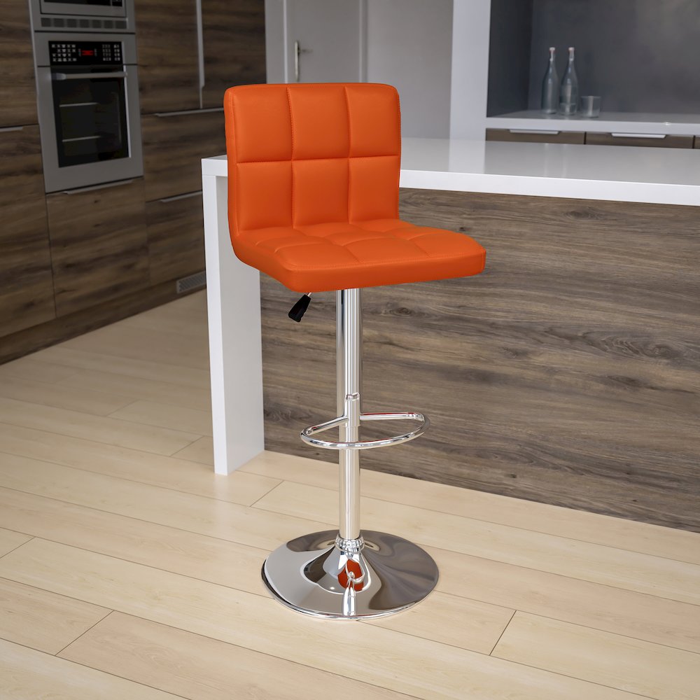 Contemporary Orange Quilted Vinyl Adjustable Height Barstool with Chrome Base