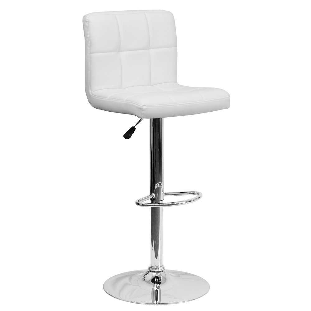 Contemporary White Quilted Vinyl Adjustable Height Barstool with Chrome Base