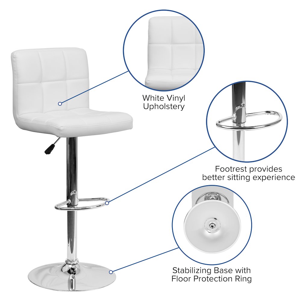 Contemporary White Quilted Vinyl Adjustable Height Barstool with Chrome Base