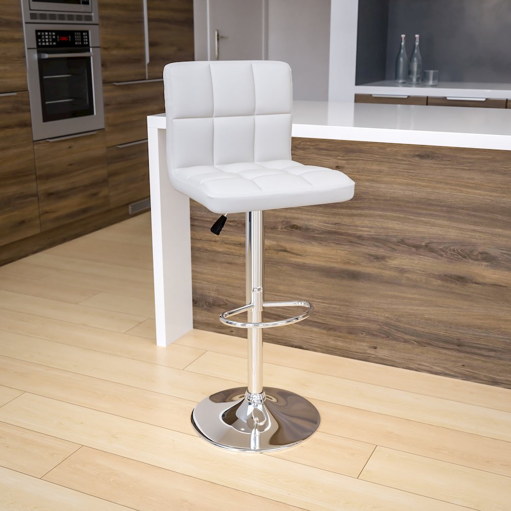 Contemporary White Quilted Vinyl Adjustable Height Barstool with Chrome Base