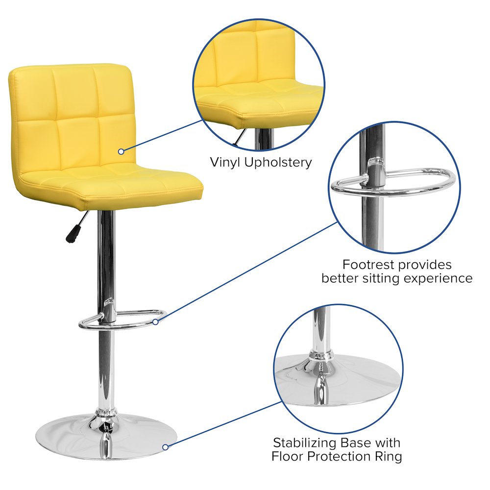 Contemporary Yellow Quilted Vinyl Adjustable Height Barstool with Chrome Base
