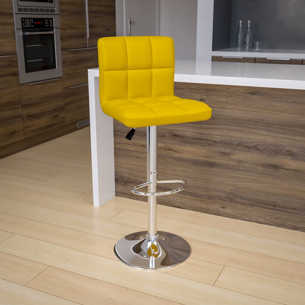 Contemporary Yellow Quilted Vinyl Adjustable Height Barstool with Chrome Base