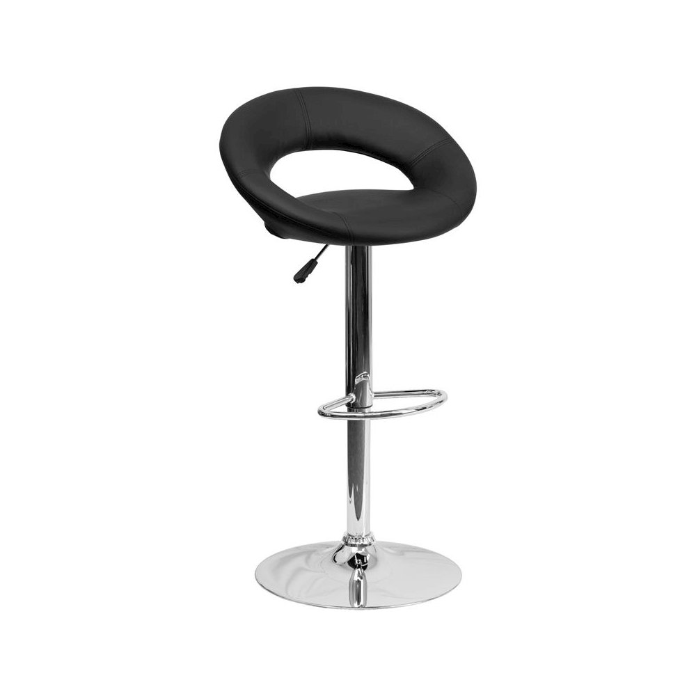 Black Vinyl Rounded Orbit-Style Back Adjustable Height Barstool with Chrome Base