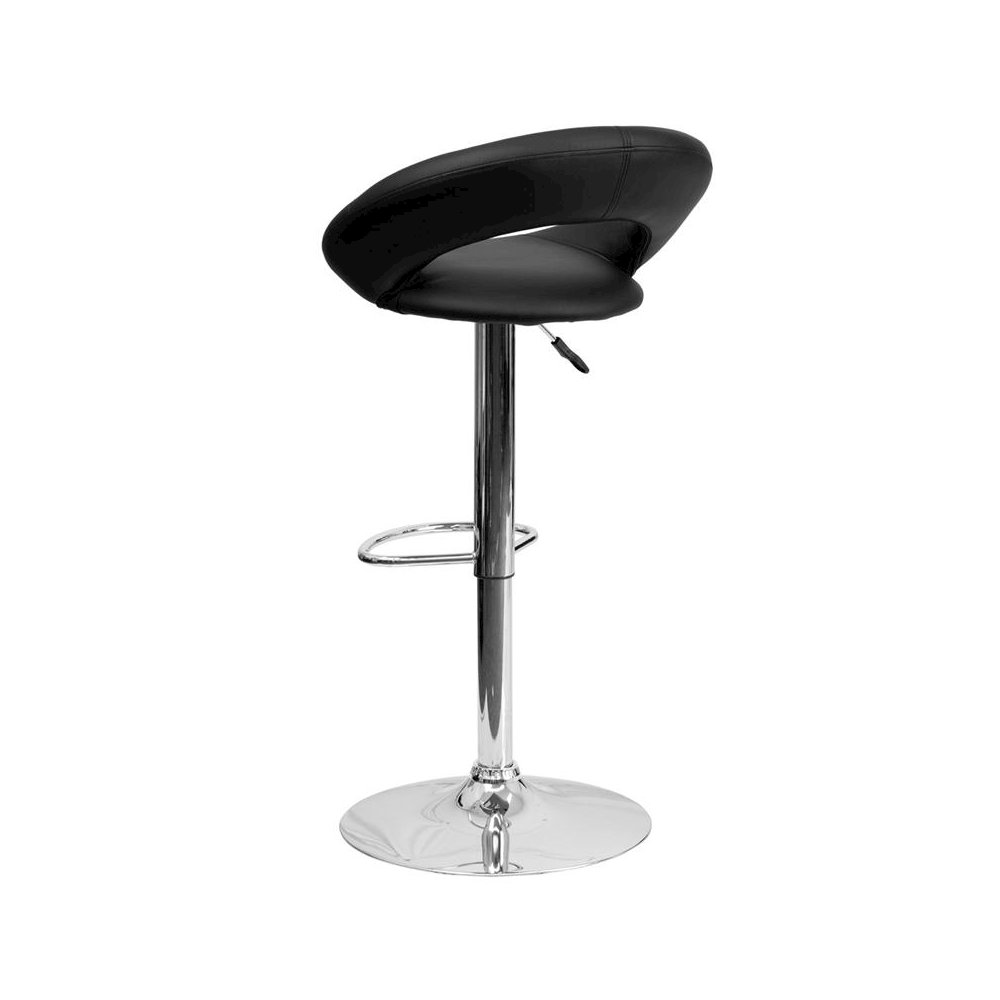 Black Vinyl Rounded Orbit-Style Back Adjustable Height Barstool with Chrome Base