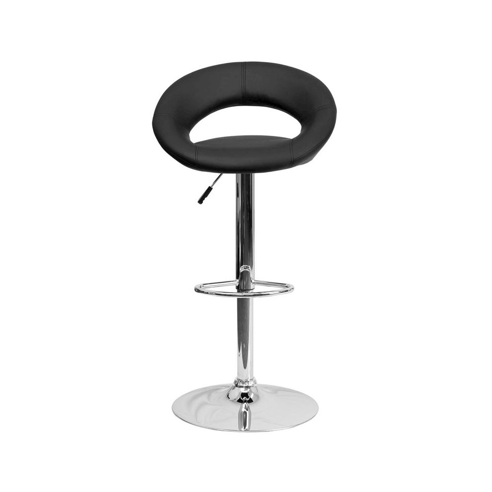 Black Vinyl Rounded Orbit-Style Back Adjustable Height Barstool with Chrome Base
