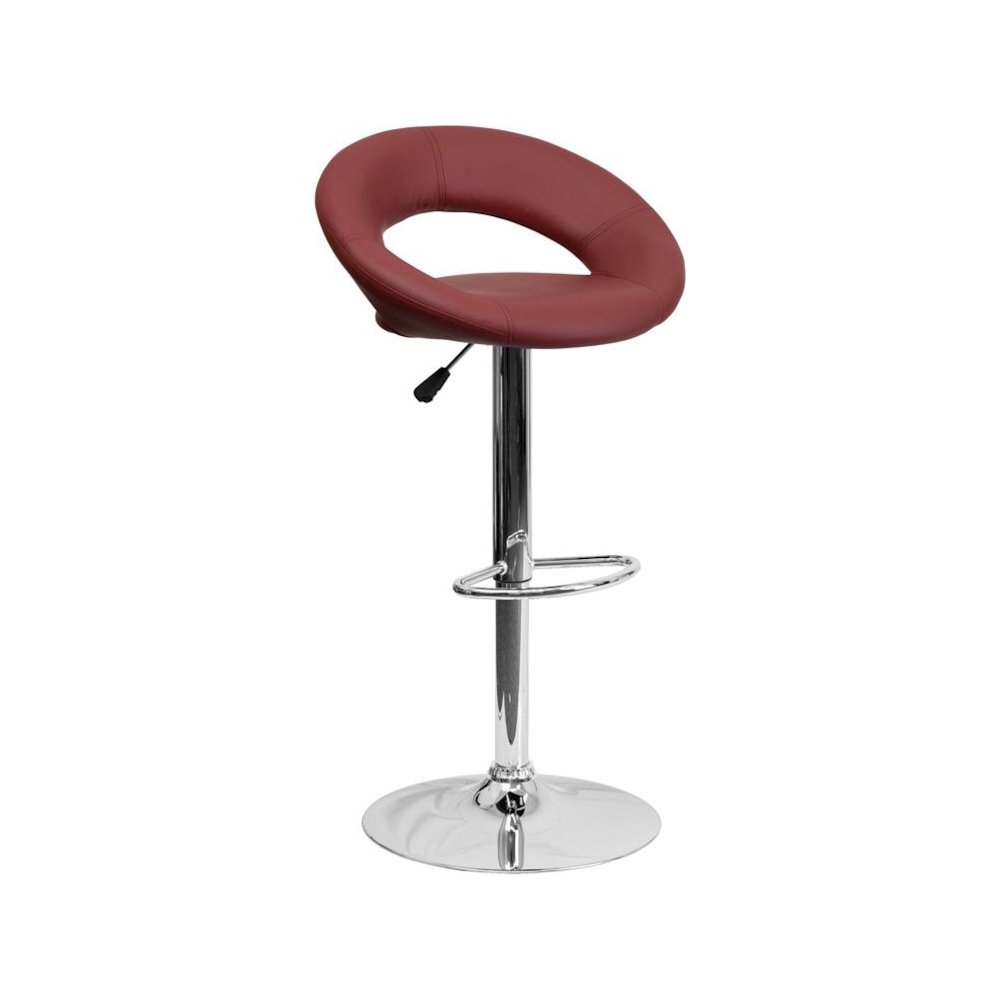 Burgundy Vinyl Rounded Orbit-Back Adjustable Height Barstool with Chrome Base