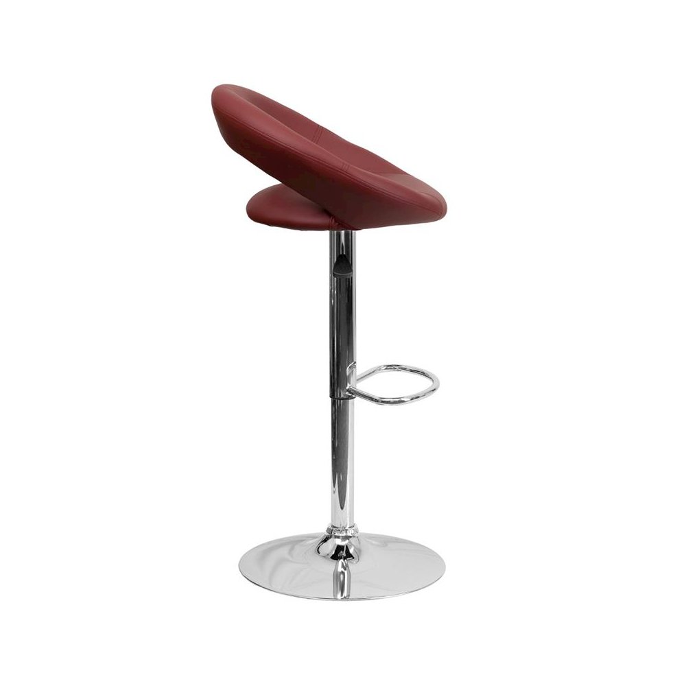 Burgundy Vinyl Rounded Orbit-Back Adjustable Height Barstool with Chrome Base