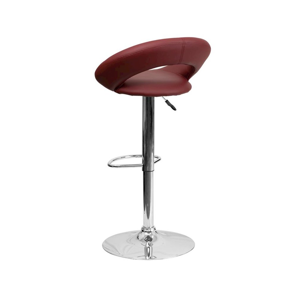 Burgundy Vinyl Rounded Orbit-Back Adjustable Height Barstool with Chrome Base