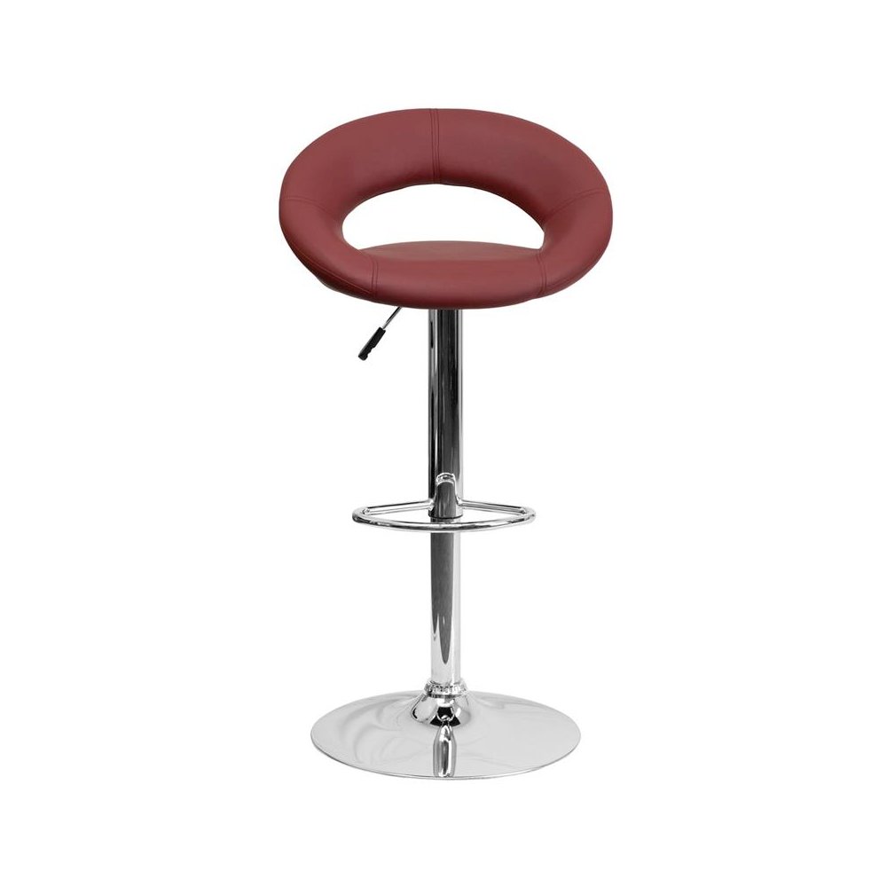 Burgundy Vinyl Rounded Orbit-Back Adjustable Height Barstool with Chrome Base