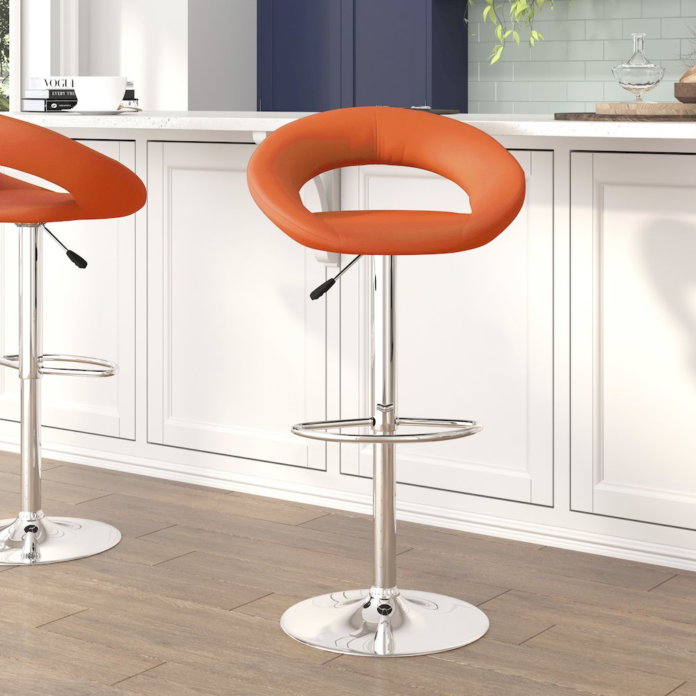Orange Vinyl Rounded Orbit-Back Adjustable Height Barstool with Chrome Base