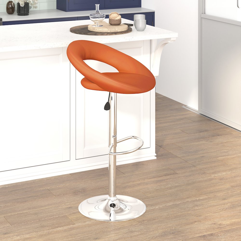 Orange Vinyl Rounded Orbit-Back Adjustable Height Barstool with Chrome Base