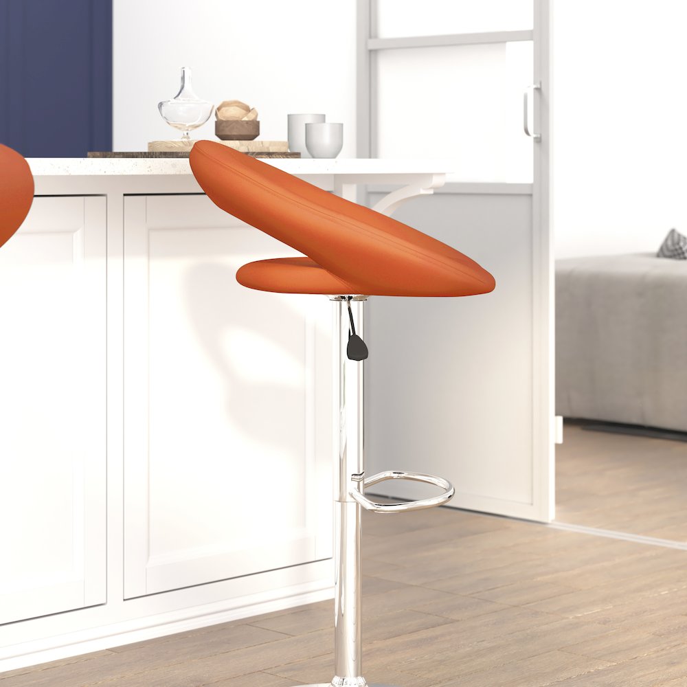 Orange Vinyl Rounded Orbit-Back Adjustable Height Barstool with Chrome Base