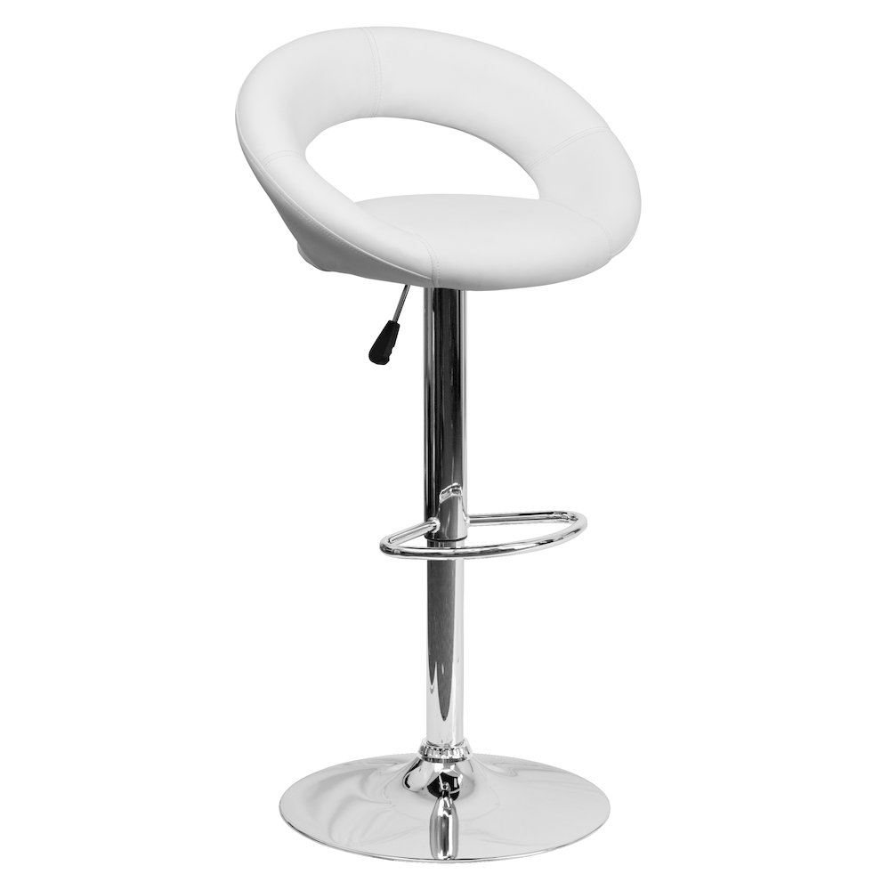 White Vinyl Rounded Orbit-Style Back Adjustable Height Barstool with Chrome Base