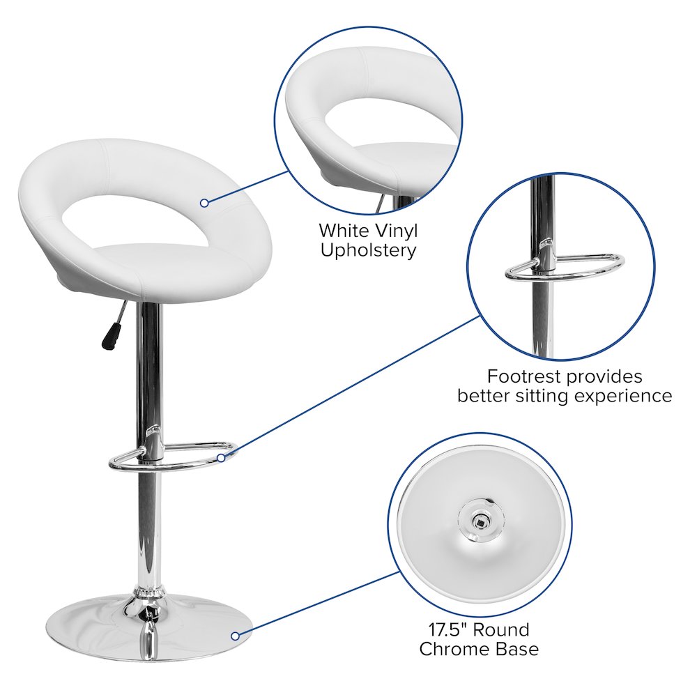 White Vinyl Rounded Orbit-Style Back Adjustable Height Barstool with Chrome Base